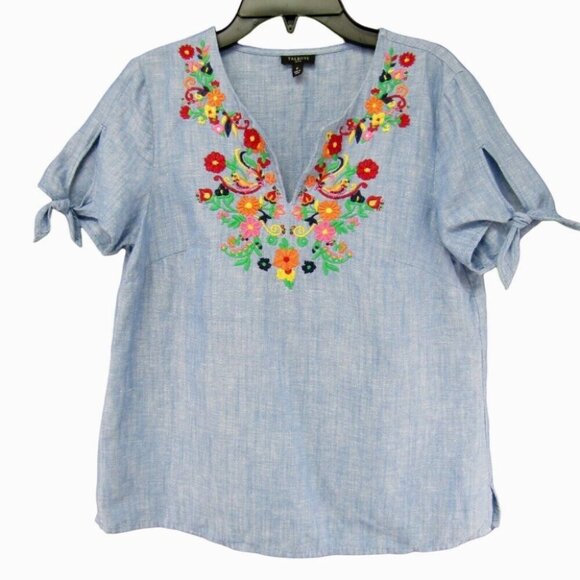 Talbots Chambray Blue Linen Cotton Red Yellow Floral Embroidered Top Size XS P - Picture 1 of 9